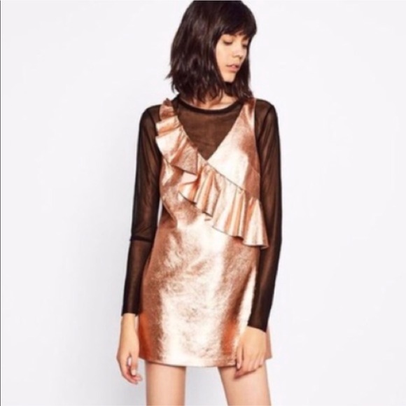 Zara Dresses & Skirts - ZARA metallic mini dress ruffles small rose gold